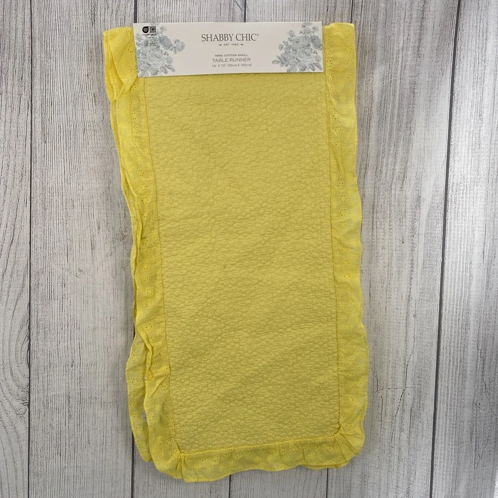 Shabby Chic Table Runner 14x72 Yellow Quilted Daisies Eyelet Trim 100% Cotton